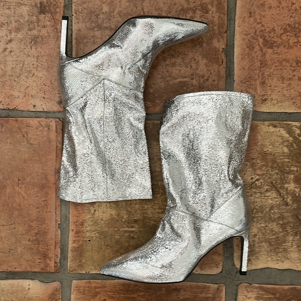 ALL SAINTS Orleana Metallic Silver Leather Stiletto Bootie Size 11 MSRP$349